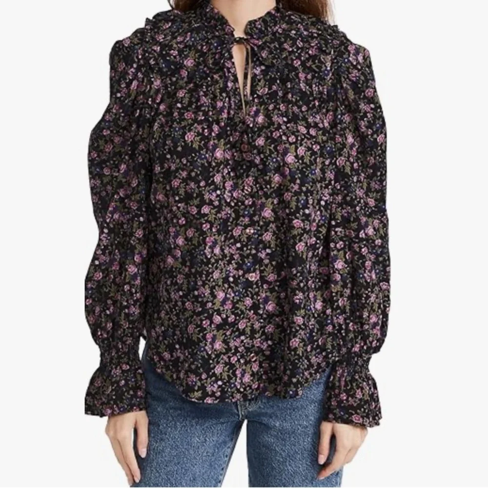 Free People Meant To Be Dark Floral Romantic Top S NWOT Black Ruffle Feminine